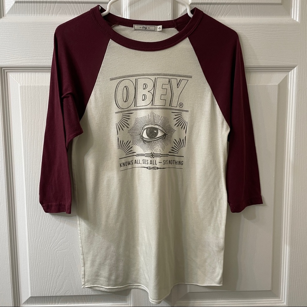 OBEY Maroon/Cream Baseball Shirt - Medium